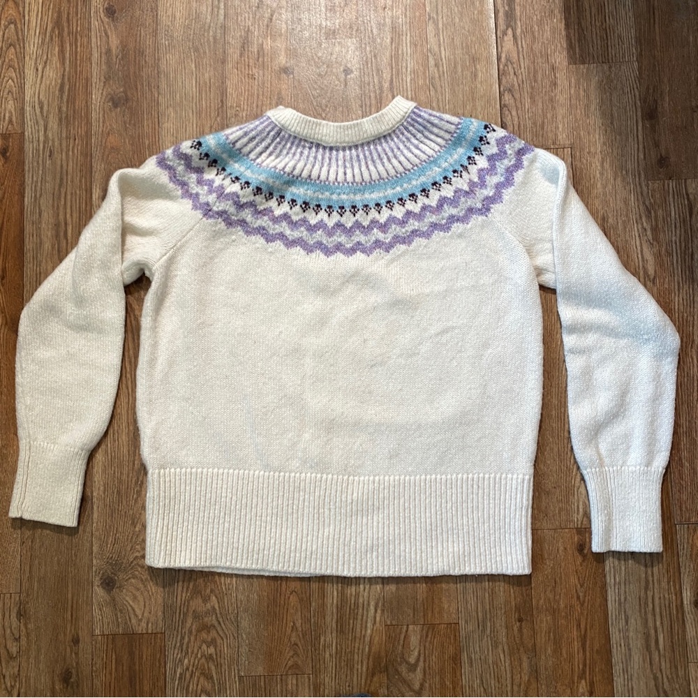 Ann Taylor LOFT Crewneck Knit Sweater S White Purple Blue Fair Isle Nordic